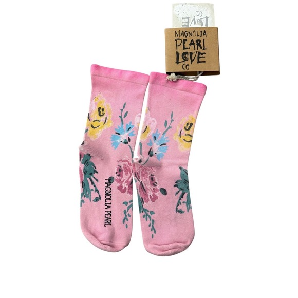 Magnolia Pearl Pink Floral Colorful Crew Socks Bohemian Roses OS NWT - Picture 2 of 4